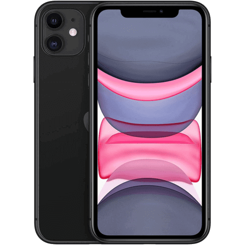 An image of a black, refurbished Apple iPhone 11 - Unlocked by Apple, showcasing both the front and back views. The front display features a colorful abstract design with pink and gray shapes, while the back displays an advanced camera system with two cameras and the iconic Apple logo.