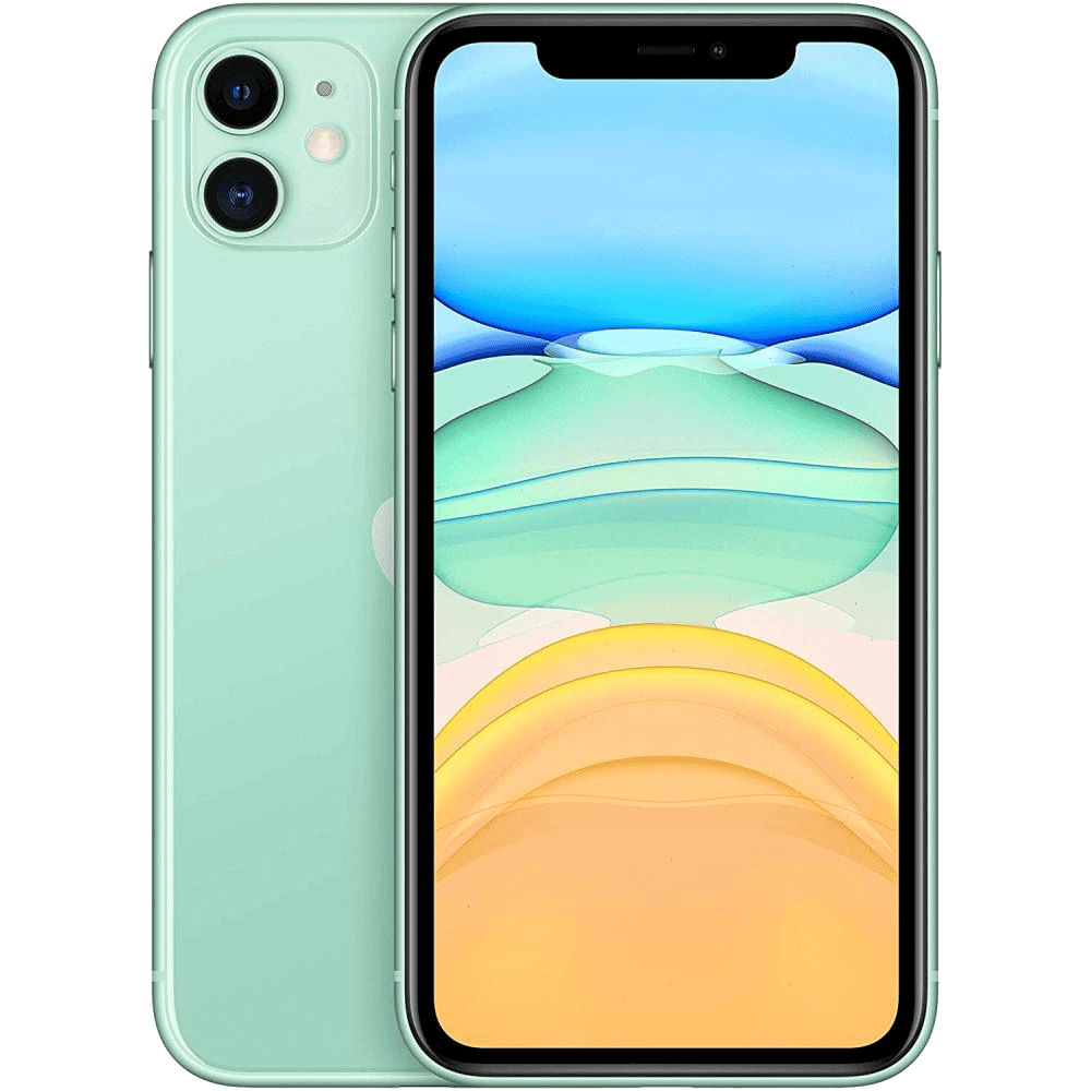 An image of a mint green, unlocked Apple iPhone 11 by Apple with a large display. The screen showcases a colorful abstract wallpaper with blue, green, and yellow hues. This refurbished Apple iPhone 11 features an advanced camera system on the back, with the Apple logo positioned below it.