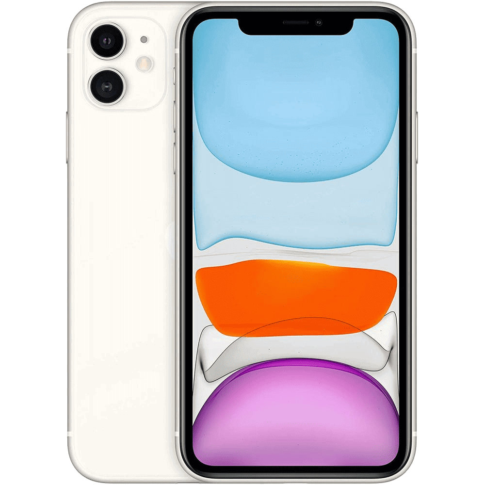 An unlocked Apple iPhone 11 stands facing forward with another identical device leaning against its back. The screen showcases vibrant abstract shapes in blue, orange, and purple hues, emphasizing the phone's vivid display and advanced camera system.
