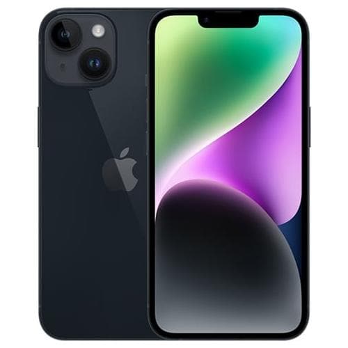 A refurbished & unlocked Apple iPhone 14 Plus Refurbished - Unlocked features a black casing with a dual-camera setup on the back and an Apple logo prominently displayed. The front screen showcases a colorful, abstract wallpaper with green, purple, and black hues. The phone is photographed from both front and back angles.
