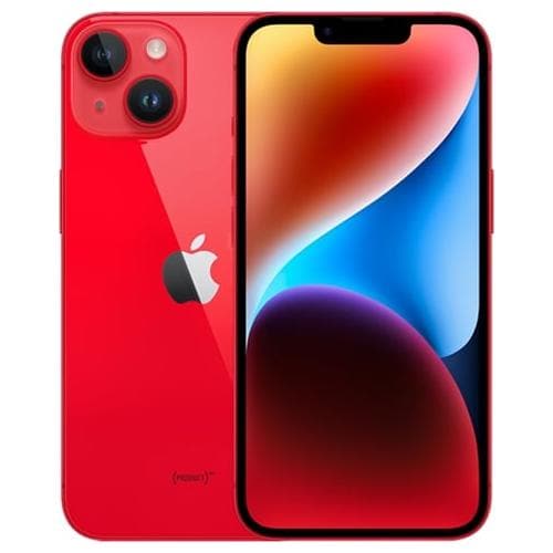 An Apple iPhone 14 Plus Refurbished - Unlocked in red, featuring a dual-camera setup on the back and a vibrant screen displaying abstract gradients on the front. With an A15 Bionic chip for speed, it boasts the signature Apple logo and maintains a sleek design with rounded edges.