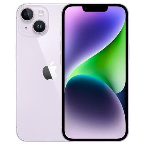 A new model Apple iPhone 14 Plus Refurbished - Unlocked is shown in two views: the front and back. The front features a colorful display with a gradient of purple, green, and light blue hues, while the back is white with an Apple logo and dual camera lenses in the top left corner. It boasts an A15 Bionic chip for exceptional performance.