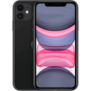 An image of a black, refurbished Apple iPhone 11 - Unlocked by Apple, showcasing both the front and back views. The front display features a colorful abstract design with pink and gray shapes, while the back displays an advanced camera system with two cameras and the iconic Apple logo.