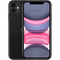 An image of a black, refurbished Apple iPhone 11 - Unlocked by Apple, showcasing both the front and back views. The front display features a colorful abstract design with pink and gray shapes, while the back displays an advanced camera system with two cameras and the iconic Apple logo.