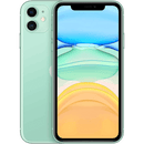 An image of a mint green, unlocked Apple iPhone 11 by Apple with a large display. The screen showcases a colorful abstract wallpaper with blue, green, and yellow hues. This refurbished Apple iPhone 11 features an advanced camera system on the back, with the Apple logo positioned below it.