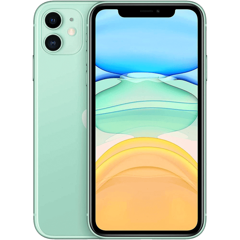 An image of a mint green, unlocked Apple iPhone 11 by Apple with a large display. The screen showcases a colorful abstract wallpaper with blue, green, and yellow hues. This refurbished Apple iPhone 11 features an advanced camera system on the back, with the Apple logo positioned below it.