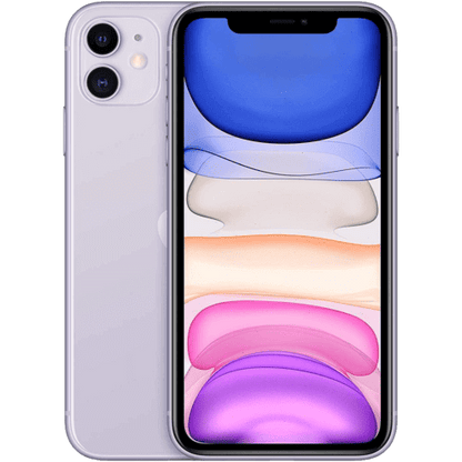A refurbished Apple iPhone 11 - Unlocked with dual rear cameras and a front display showing a colorful abstract wallpaper. Its back is visible, adorned with the Apple logo and the advanced camera system on the top left corner. The unlocked Apple iPhone 11 is displayed in a sleek white or light grey color.