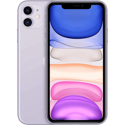 A refurbished Apple iPhone 11 - Unlocked with dual rear cameras and a front display showing a colorful abstract wallpaper. Its back is visible, adorned with the Apple logo and the advanced camera system on the top left corner. The unlocked Apple iPhone 11 is displayed in a sleek white or light grey color.