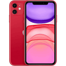 An Apple iPhone 11 - Unlocked, featuring a red exterior, displays a vibrant abstract wallpaper. The phone showcases an advanced camera system on the back and an elegant design that is typical of modern smartphones. The screen is illuminated, presenting pink, red, and purple hues in a gradient pattern.