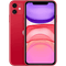 An Apple iPhone 11 - Unlocked, featuring a red exterior, displays a vibrant abstract wallpaper. The phone showcases an advanced camera system on the back and an elegant design that is typical of modern smartphones. The screen is illuminated, presenting pink, red, and purple hues in a gradient pattern.