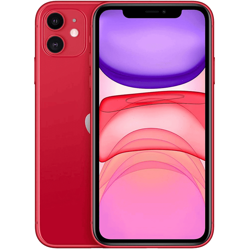 An Apple iPhone 11 - Unlocked, featuring a red exterior, displays a vibrant abstract wallpaper. The phone showcases an advanced camera system on the back and an elegant design that is typical of modern smartphones. The screen is illuminated, presenting pink, red, and purple hues in a gradient pattern.