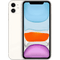 An unlocked Apple iPhone 11 stands facing forward with another identical device leaning against its back. The screen showcases vibrant abstract shapes in blue, orange, and purple hues, emphasizing the phone's vivid display and advanced camera system.