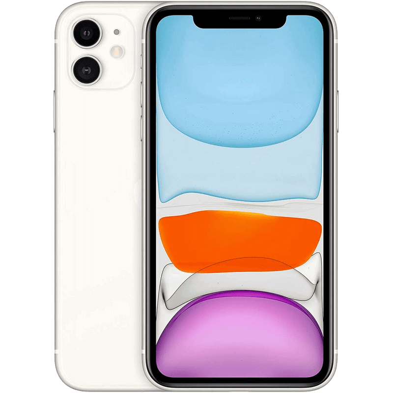 An unlocked Apple iPhone 11 stands facing forward with another identical device leaning against its back. The screen showcases vibrant abstract shapes in blue, orange, and purple hues, emphasizing the phone's vivid display and advanced camera system.