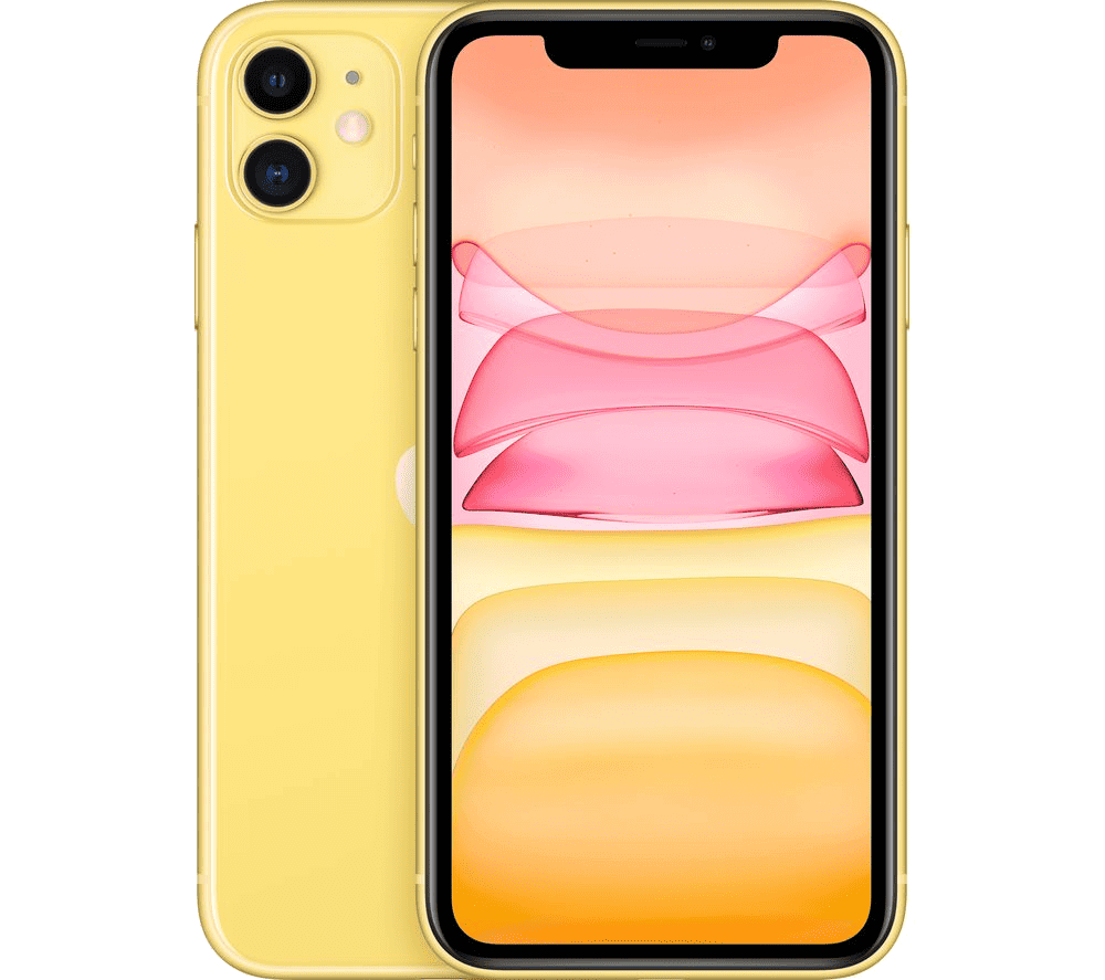 The unlocked, refurbished Apple iPhone 11 by Apple in vibrant yellow boasts an advanced camera system, featuring dual cameras on the back and a notch atop the front display. The screen showcases a minimalist wallpaper adorned in shades of pink and yellow.