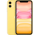 The unlocked, refurbished Apple iPhone 11 by Apple in vibrant yellow boasts an advanced camera system, featuring dual cameras on the back and a notch atop the front display. The screen showcases a minimalist wallpaper adorned in shades of pink and yellow.