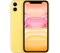 The unlocked, refurbished Apple iPhone 11 by Apple in vibrant yellow boasts an advanced camera system, featuring dual cameras on the back and a notch atop the front display. The screen showcases a minimalist wallpaper adorned in shades of pink and yellow.