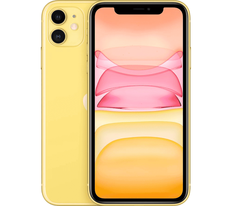 The unlocked, refurbished Apple iPhone 11 by Apple in vibrant yellow boasts an advanced camera system, featuring dual cameras on the back and a notch atop the front display. The screen showcases a minimalist wallpaper adorned in shades of pink and yellow.