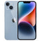 A light blue Apple iPhone 14 Plus Refurbished - Unlocked displays a colorful abstract wallpaper on its screen. Powered by the advanced A15 Bionic chip, the phone features a dual-camera setup on the upper left corner of the back, with an Apple logo centered on the device. This refurbished & unlocked model offers both performance and style.