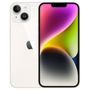 An Apple iPhone 14 Plus Refurbished - Unlocked with a dual-camera setup on the back and an Apple logo in the center. Equipped with an A15 Bionic chip, its screen displays a colorful abstract wallpaper with shades of pink, yellow, green, and black.