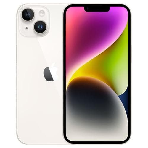 An Apple iPhone 14 Plus Refurbished - Unlocked with a dual-camera setup on the back and an Apple logo in the center. Equipped with an A15 Bionic chip, its screen displays a colorful abstract wallpaper with shades of pink, yellow, green, and black.